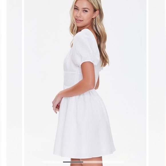 NWT Forever 21 Linen Puff Sleeve White Mini Dress Size Medium - Picture 4 of 9